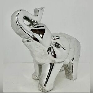 Silver Elephant Ceramic Figurine Trunk Up Standing Details 7.5”